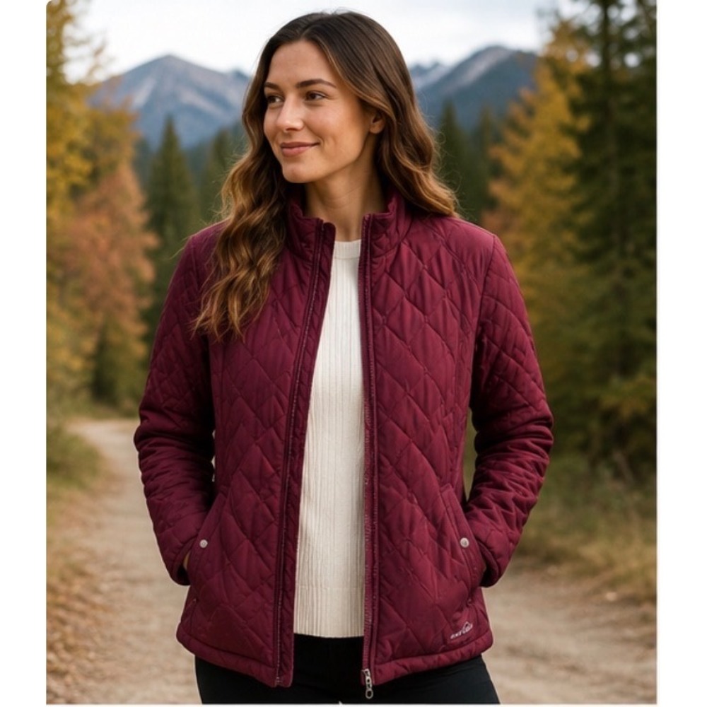 Eddie Bauer Womens Large Burgundy Diamond Quilted Full Zip Lightweight Jacket L